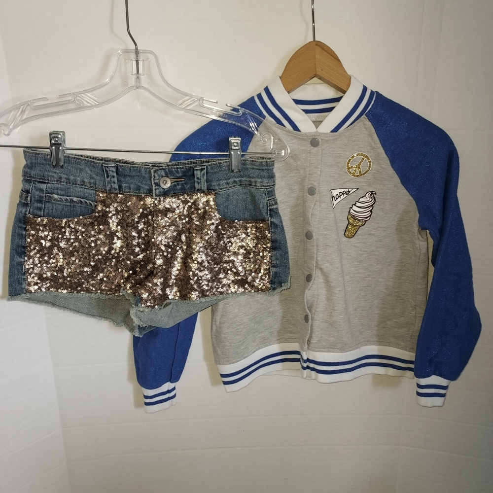 Justice bomber jacket size 12 and Hint gold sequined shorts set size 26